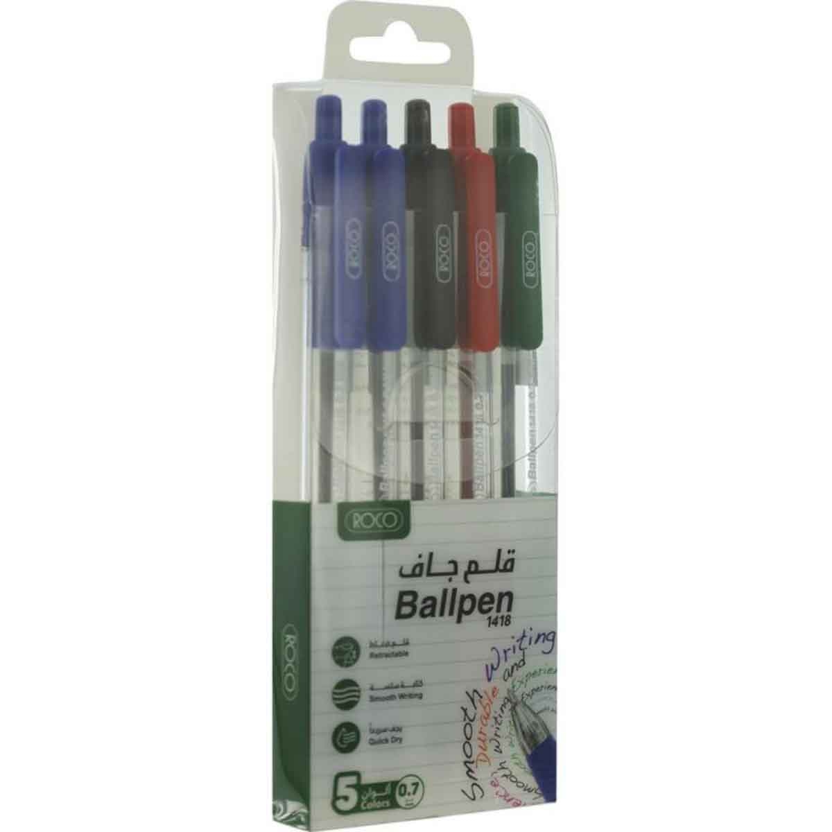 Roco 5-Piece 0.7mm Retractable Assorted Ballpoint Pen Set