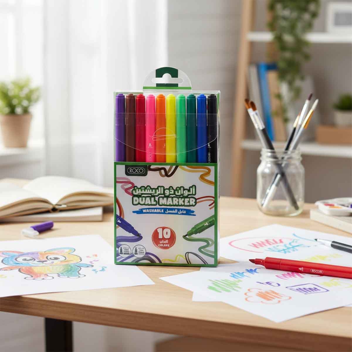 روكو أقلام فلوماستر مزدوجة الطرف خط عريض/دقيق قابلة للغسل 10 قطع