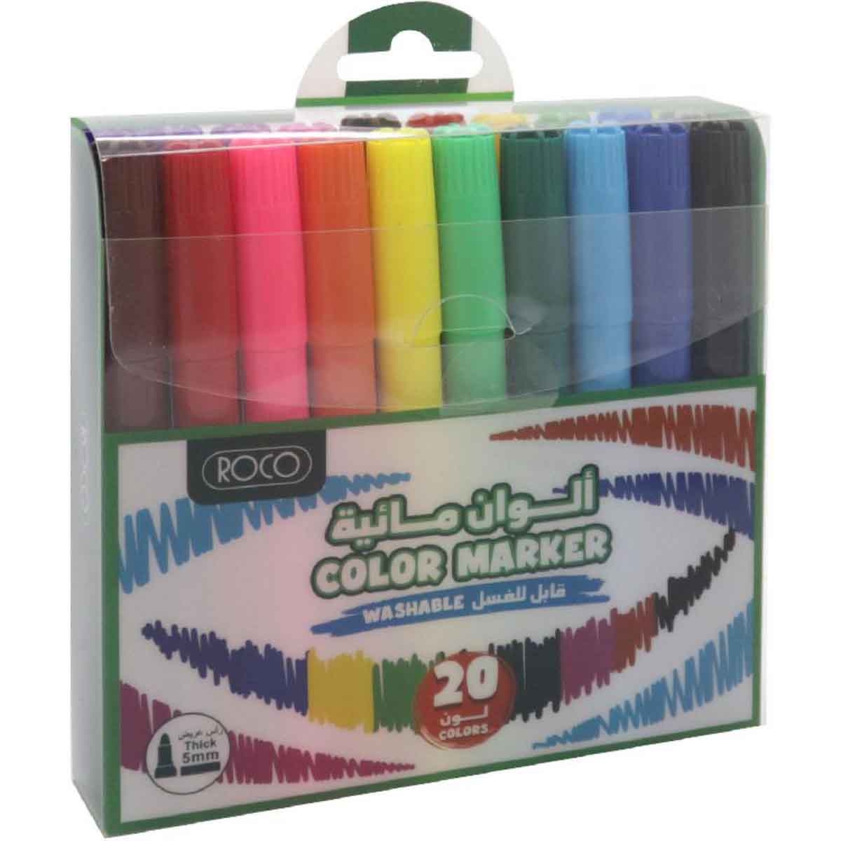 روكو أقلام فلوماستر مائية خط عريض سن دائري ألوان متعددة 20 قطعة