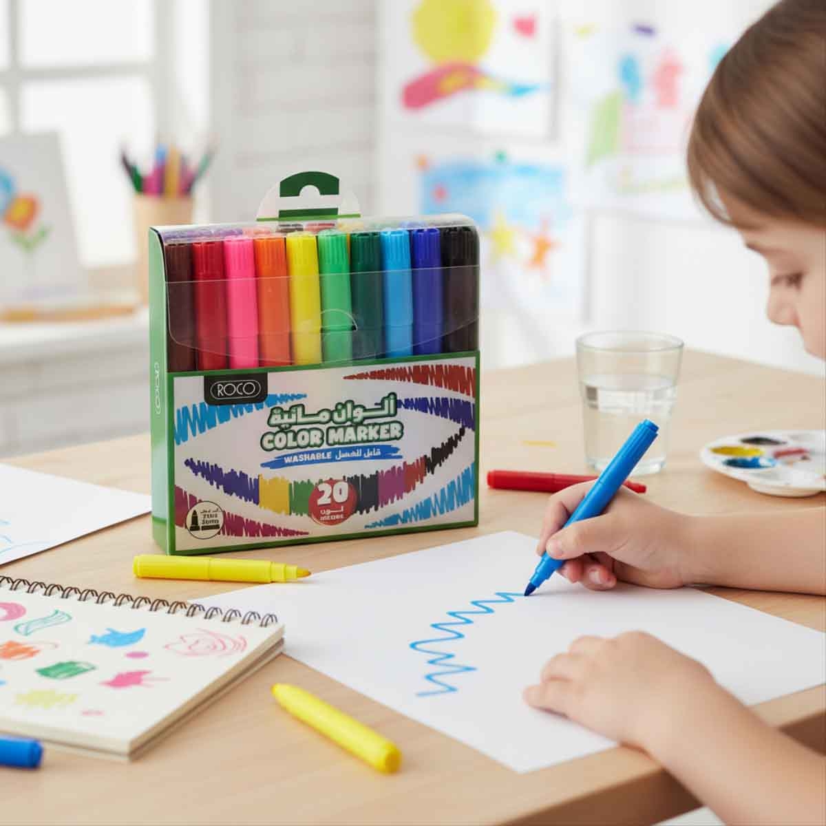 روكو أقلام فلوماستر مائية خط عريض سن دائري ألوان متعددة 20 قطعة
