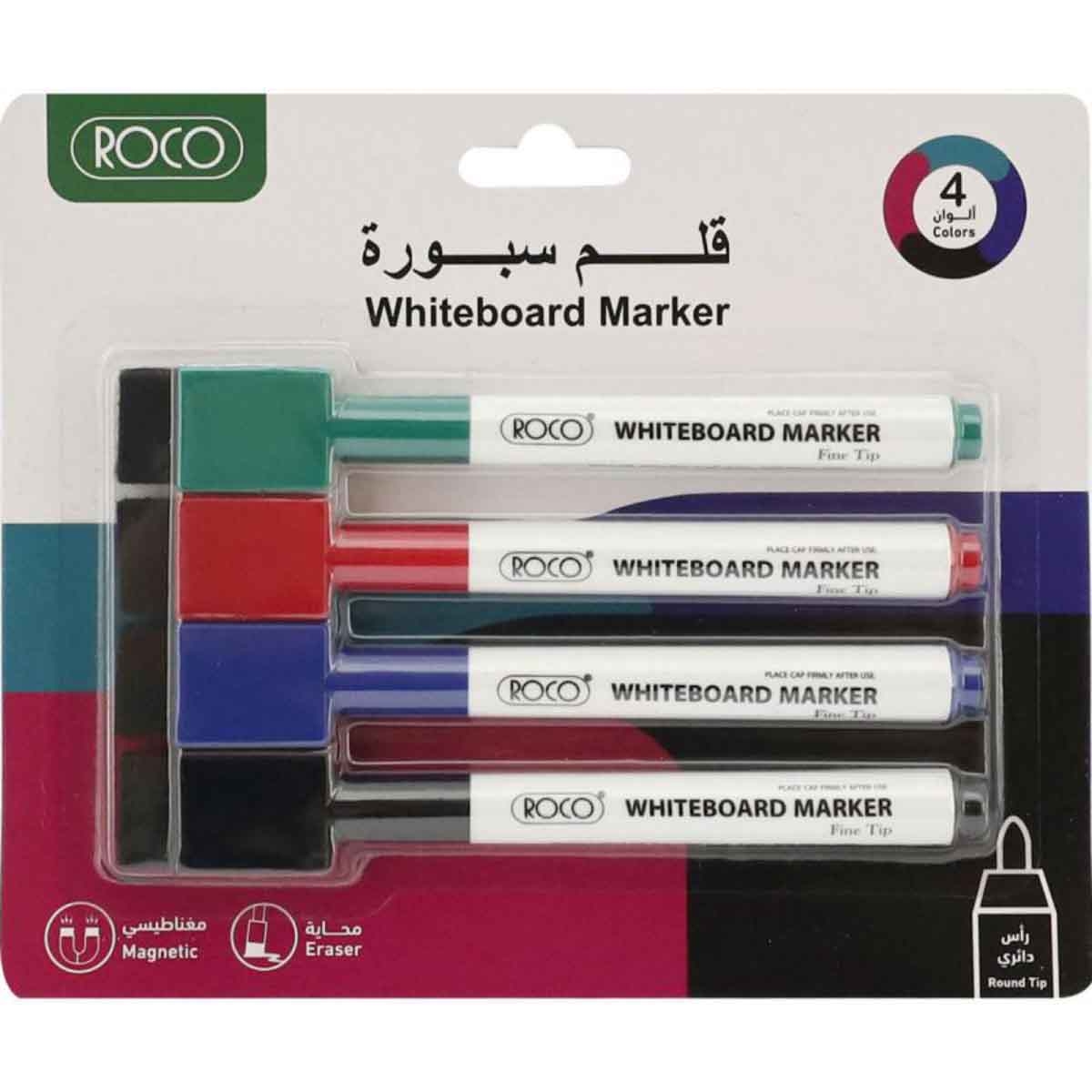 Roco 4-Piece 1-3mm Round Tip Whiteboard Marker with Magnetic Eraser Set
