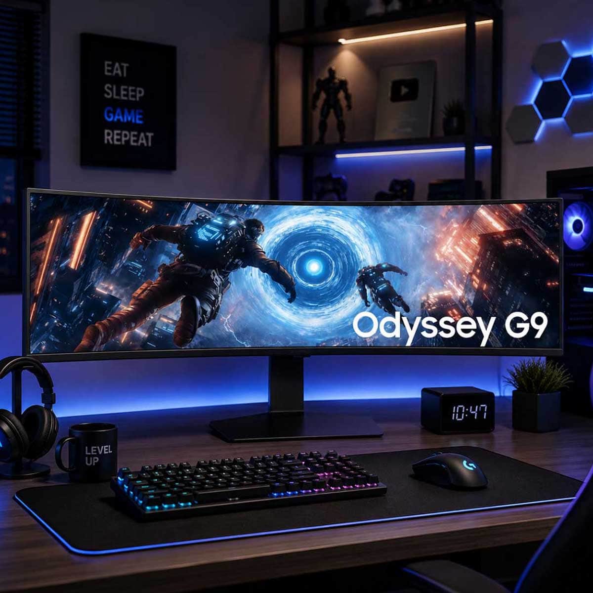 سامسونج شاشة ألعاب Odyssey G9 منحنية مقاس 49 انش بدقة DQHD ولوحة VA ومعدل تحديث 144Hz