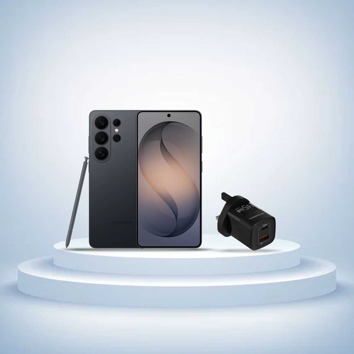 هاتف سامسونج جالاكسي إس 26 ألترا أسود (12 جيجابايت + 512 جيجابايت)، إصدار السعودية + شاحن حائط صغير من جيبيل بقوة 45 واط بتقنية GaN، منفذ USB-C PD ومنفذ USB-A QC 3.0
