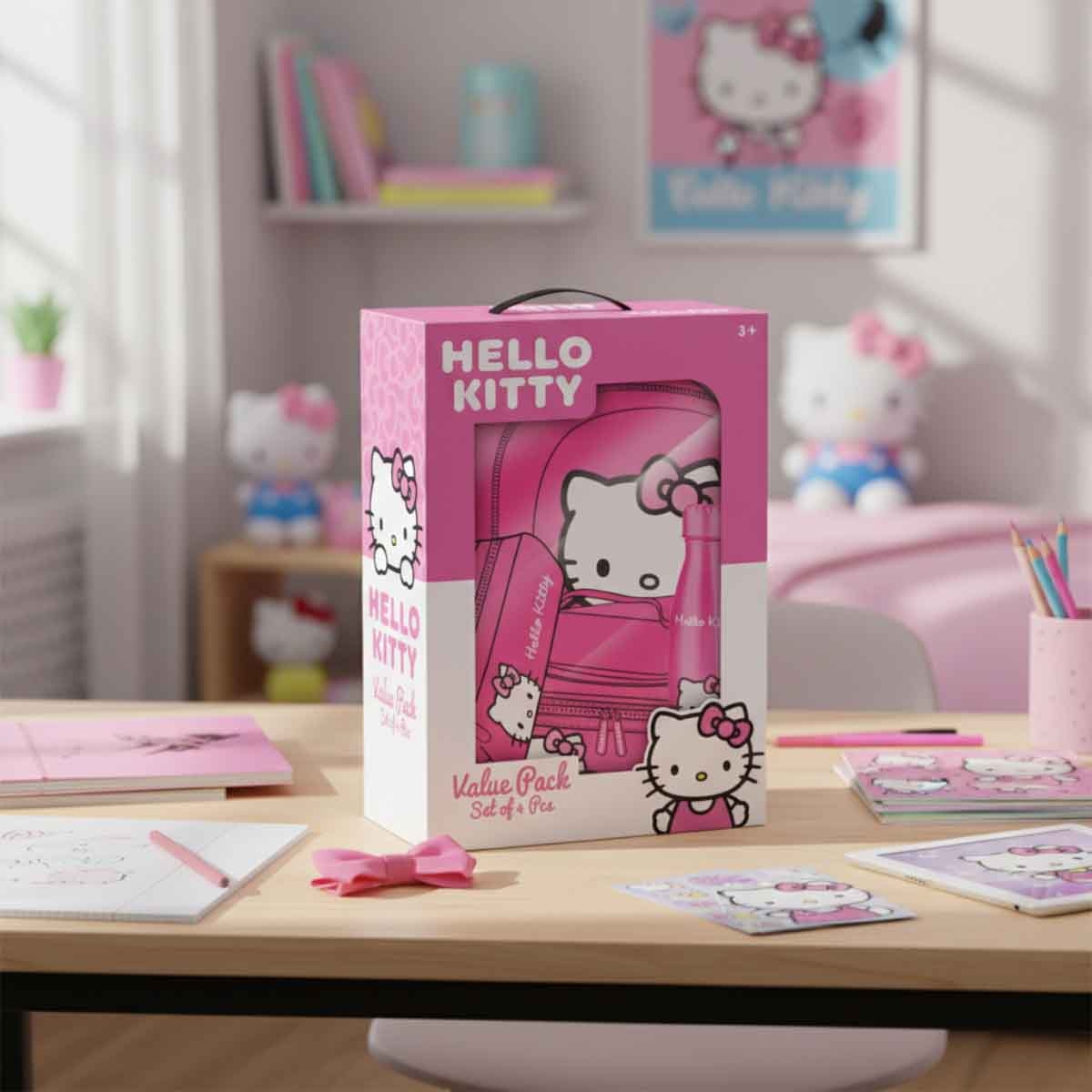 هيلو كيتي مجموعة حقيبة ظهر 4 في 1 مع حقيبة غداء ومقلمة وزجاجة