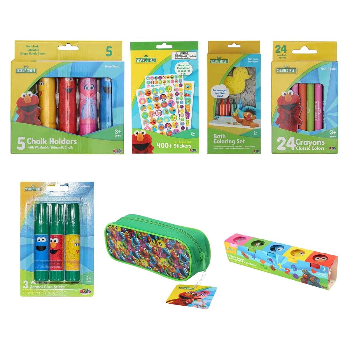 Sesame Street Dough Set + 5 Chalk Holders + Pencil Case + Crayons + Glue Sticks + Stickers + Bath Coloring Set Bundle
