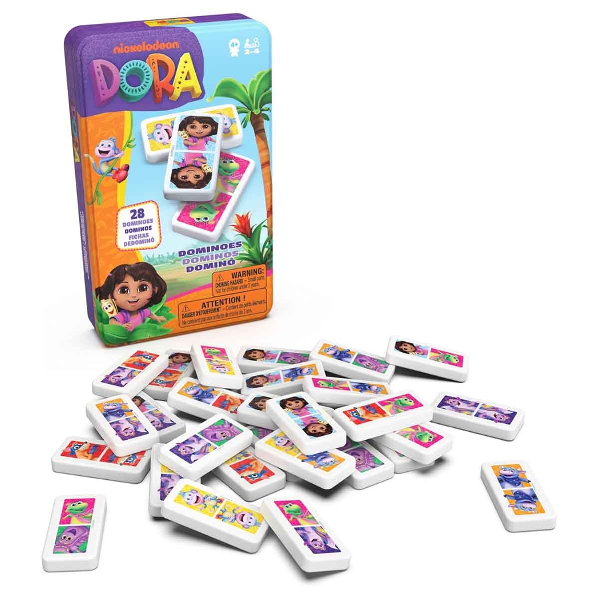Spin Master Games 28-Piece Dora Dominoes Tin Set Unisex, 5-7 Years