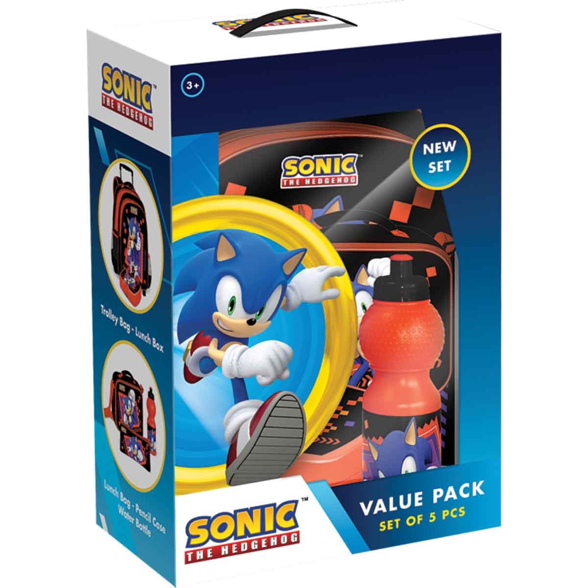 Sonic 5-in-1 16” Trolley Bag, Lunch Box, Water Bottle, Pencil Case & Lunch Bag Kit