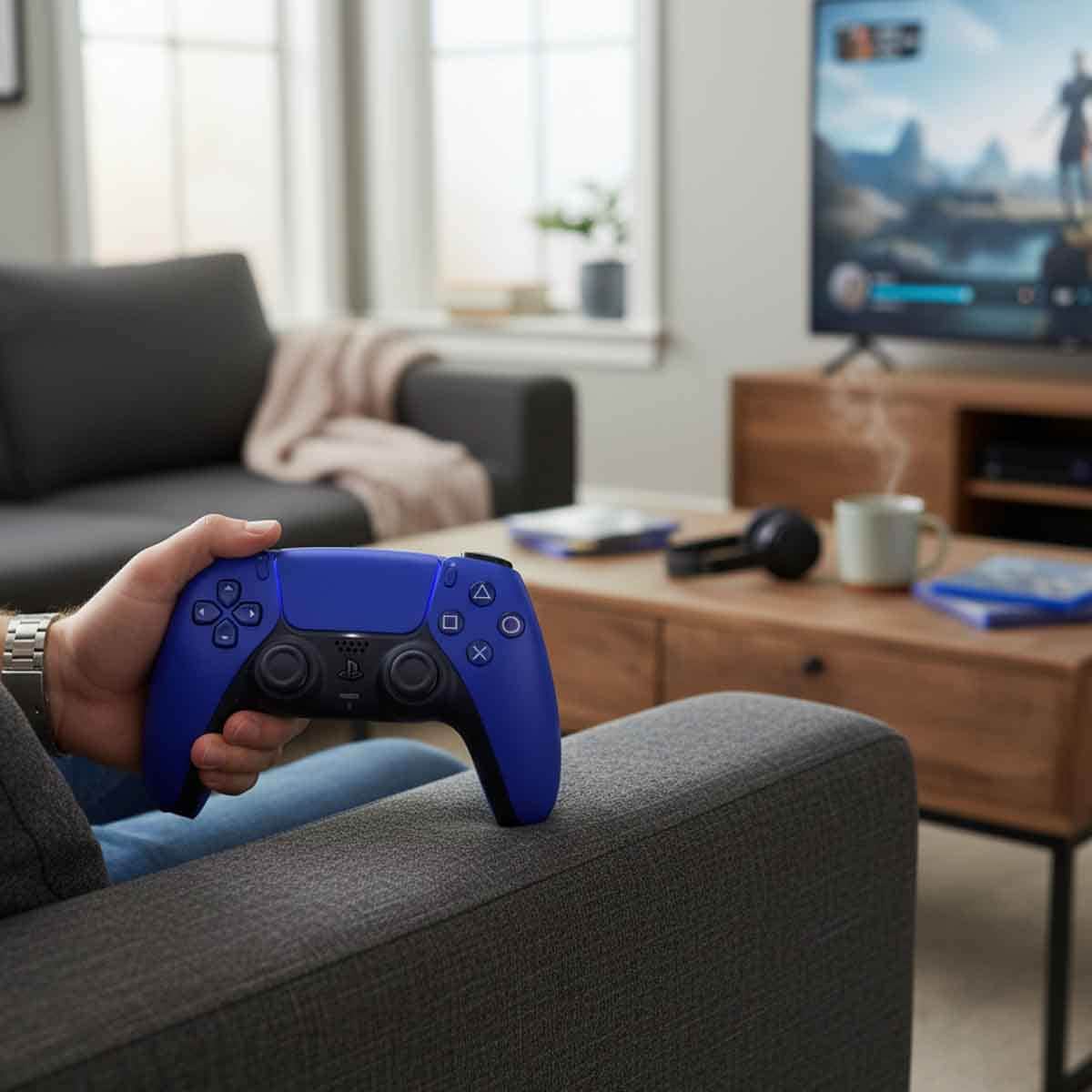 سوني بلايستيشن 5 نسخة السعودية الإصدار الرقمي سليم بسعة 825 جيجابايت مع حزمة وحدة تحكم دوال سينس لاسلكية باللون الأزرق كوبالت