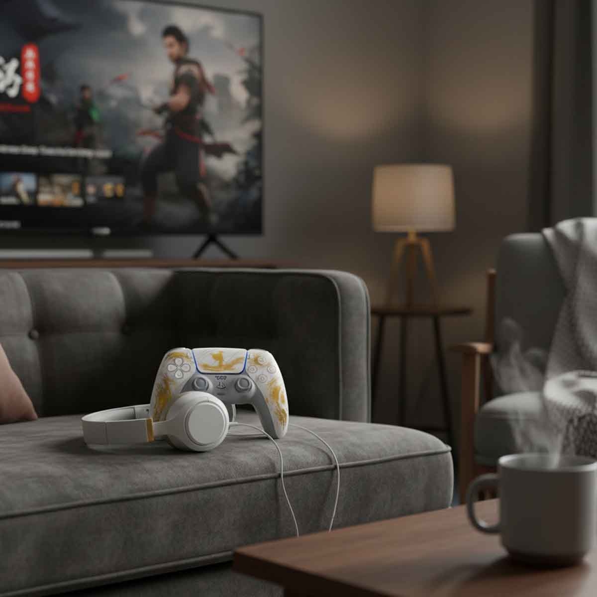 سوني بلايستيشن 5 نسخة السعودية الإصدار الرقمي سليم بسعة 825 جيجابايت مع حزمة وحدة تحكم دوال سينس لاسلكية إصدار Ghost of Yotei Gold الذهبي المحدود