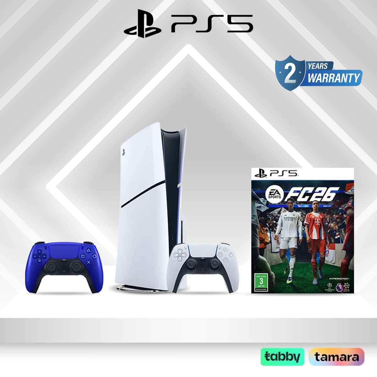 Sony PS5 Blu-Ray Disc (KSA Version) with 2 Controllers (White/Blue) + FC26 Bundle