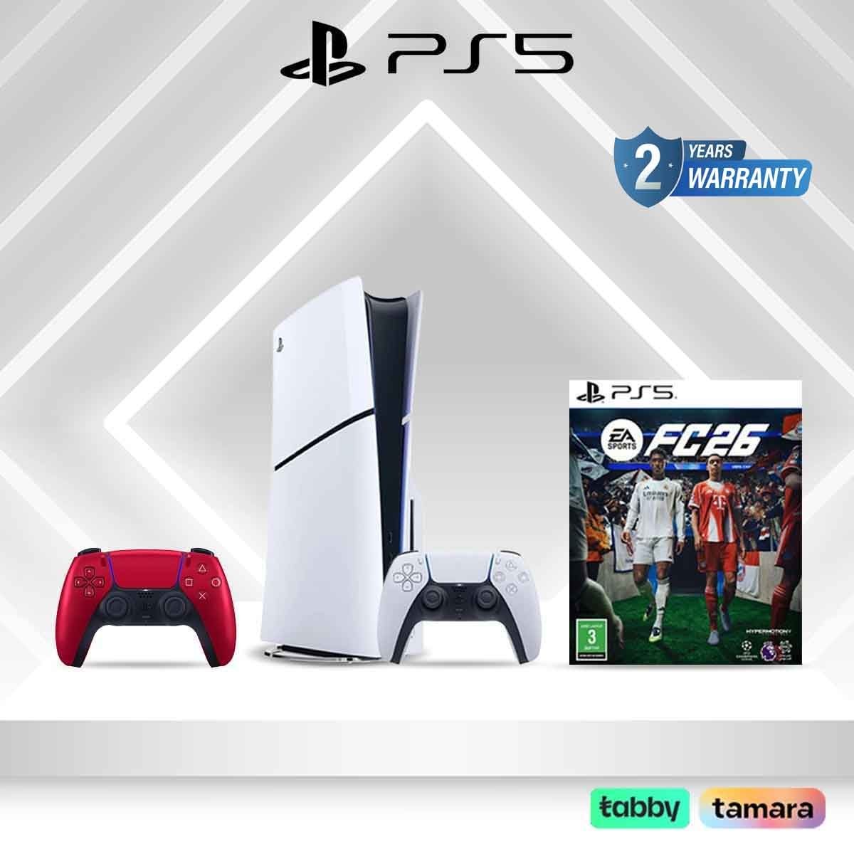 Sony PS5 Blu-Ray Disc (KSA Version) with 2 Controllers (White/Red) + FC26 Bundle