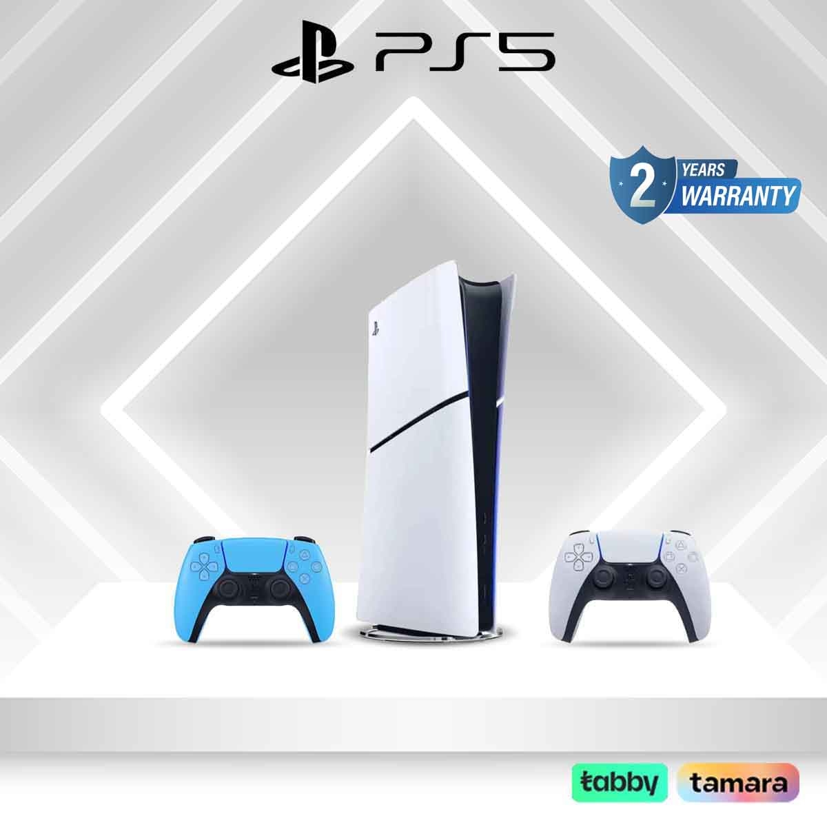 سوني بلايستيشن 5 نسخة السعودية الإصدار الرقمي سعة 1 تيرابايت مع حزمة وحدة تحكم لاسلكية دوال سينس أزرق