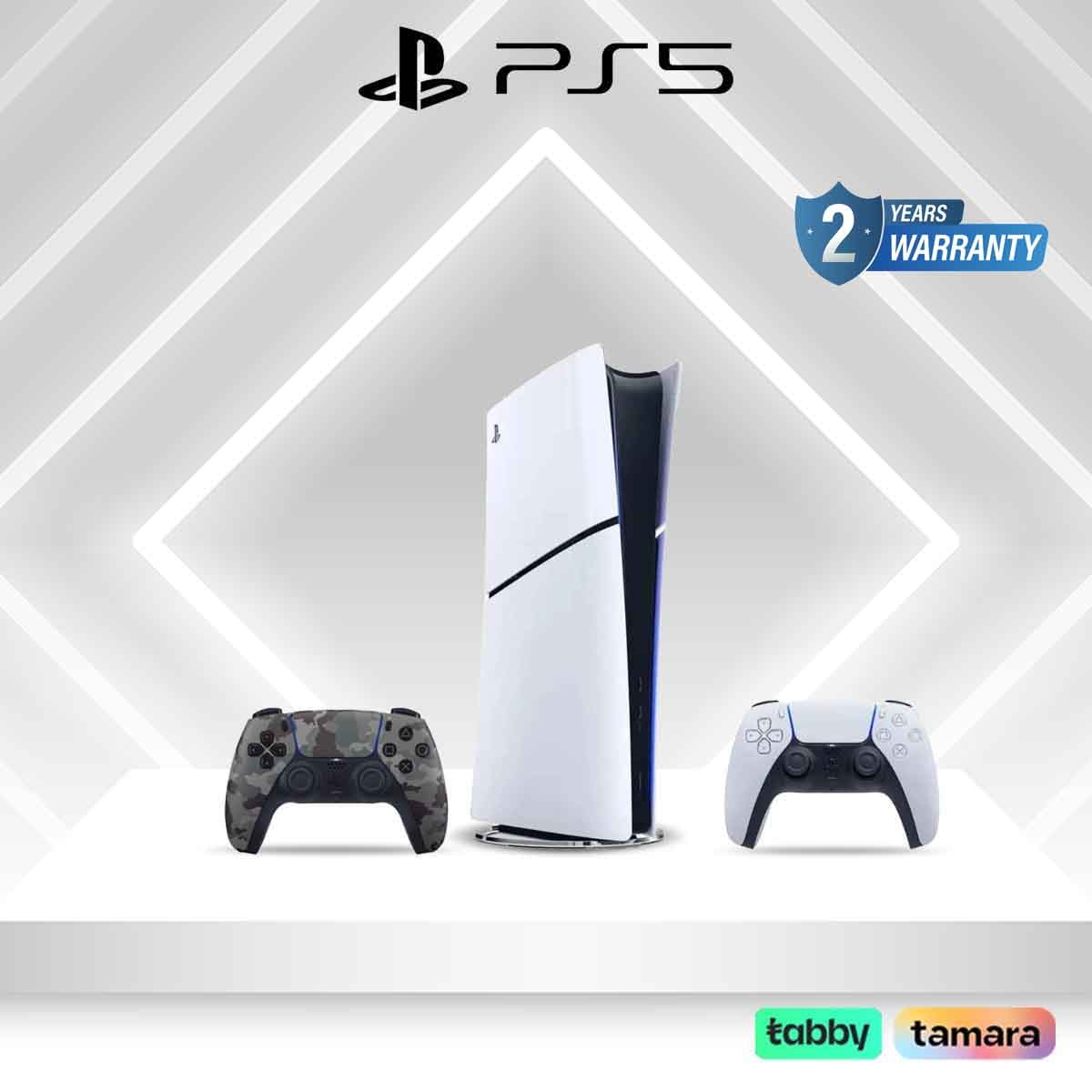 سوني بلايستيشن 5 نسخة السعودية الإصدار الرقمي سعة 1 تيرابايت مع حزمة وحدة تحكم لاسلكية دوال سينس تمويه رمادي