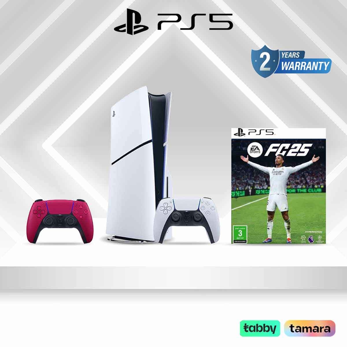 سوني بلايستيشن 5 سليم إصدار القرص مع وحدة تحكم أحمر إضافية + حزمة إف سي 25 نسخة السعودية