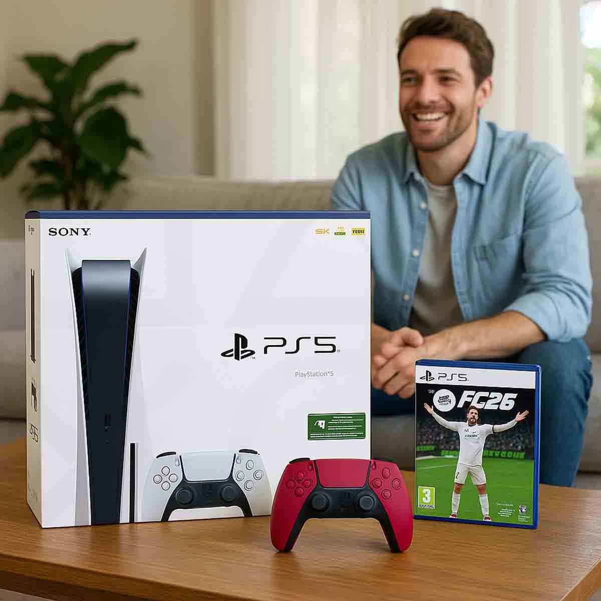 Sony PS5 Slim Disc with Additional Red Controller + FC 25 KSA Version Bundle