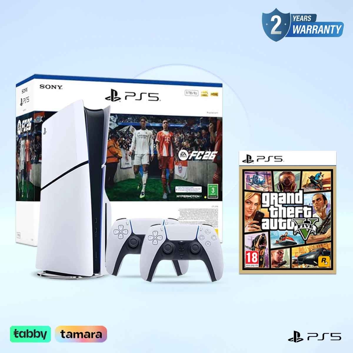 Sony PS5 Blu-Ray Disc Edition 1TB & FC26 (KSA Version) + GTA5 with DualSense Controller Bundle