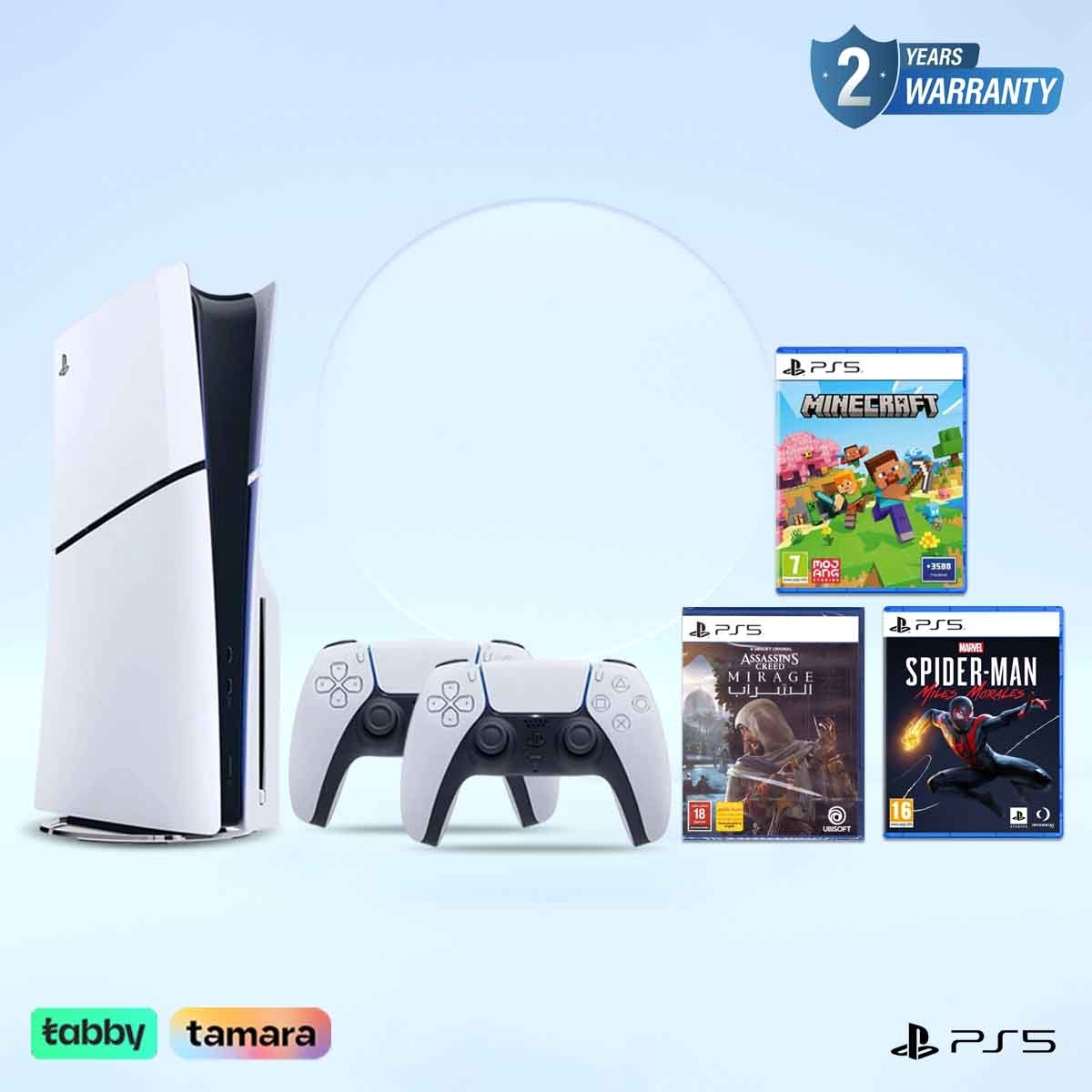 سوني بلايستيشن 5 قرص بلو-راي (نسخة السعودية) مع وحدة تحكم أبيض + أساسنز كريد ميراج + مارفل سبايدر مان + ماينكرافت