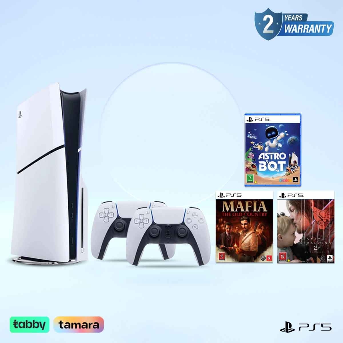 Sony PS5 Blu-Ray Disc (KSA Version) with White Controller + Astro Bot + Mafia the Old Country + Death Stranding 2 Bundle