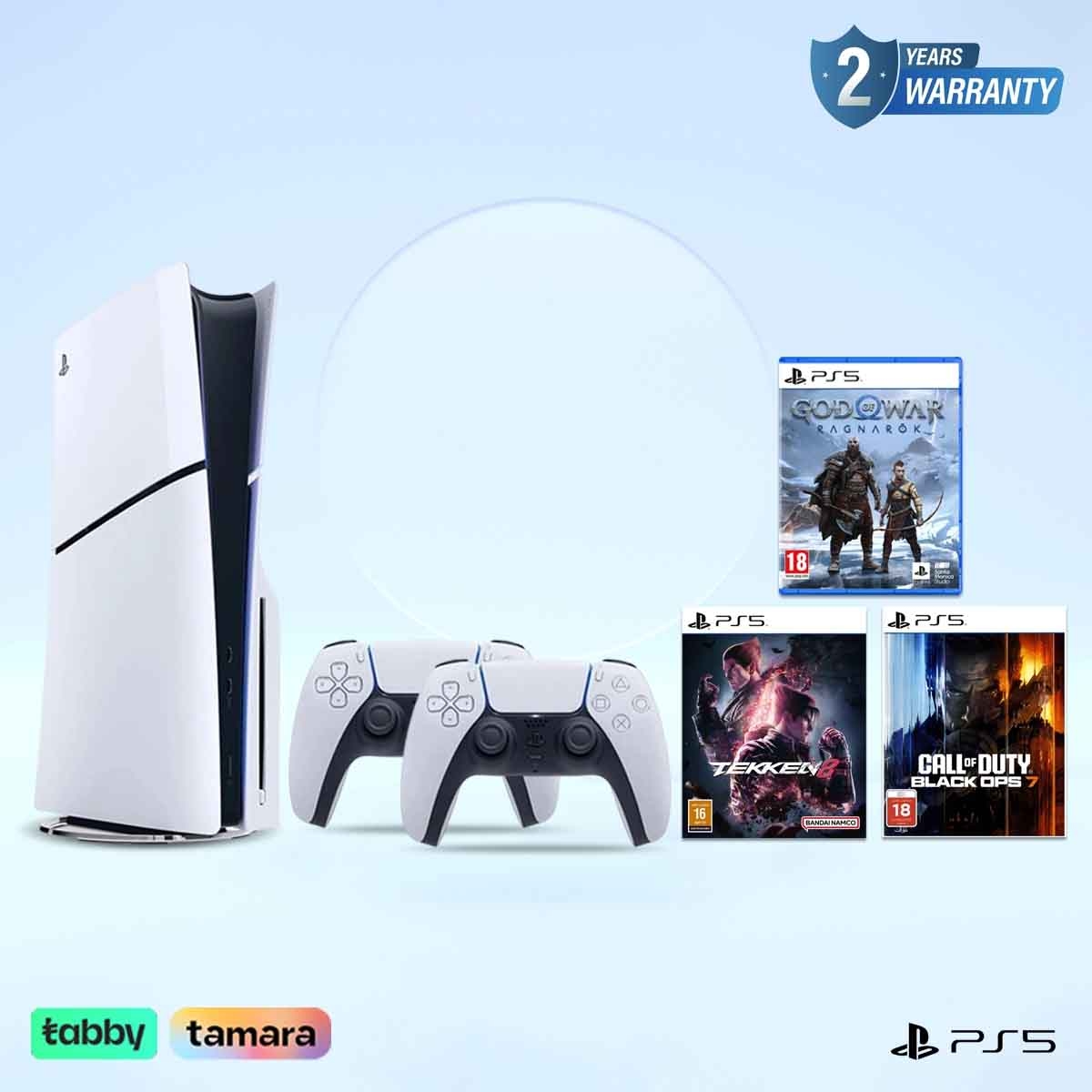 Sony PS5 Blu-Ray Disc (KSA Version) with White Controller + Black Ops 7 + God of War Rangnarok + Takken8 Bundle