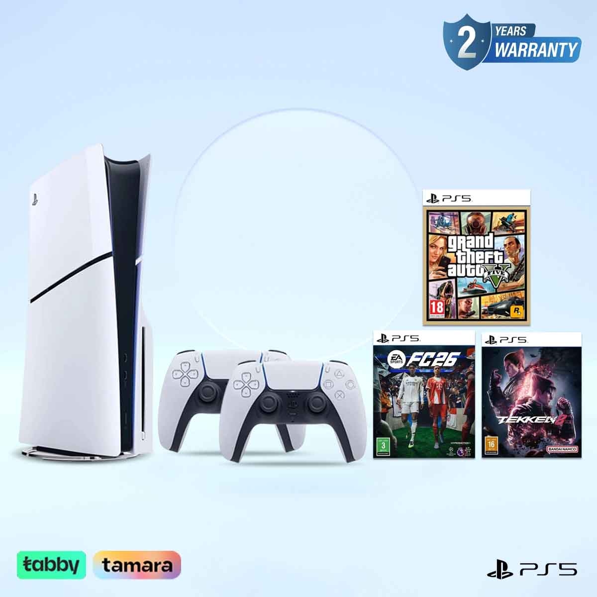 Sony PS5 Blu-Ray Disc (KSA Version) with White Controller + Takken8 + GTA5 + FC26 Bundle