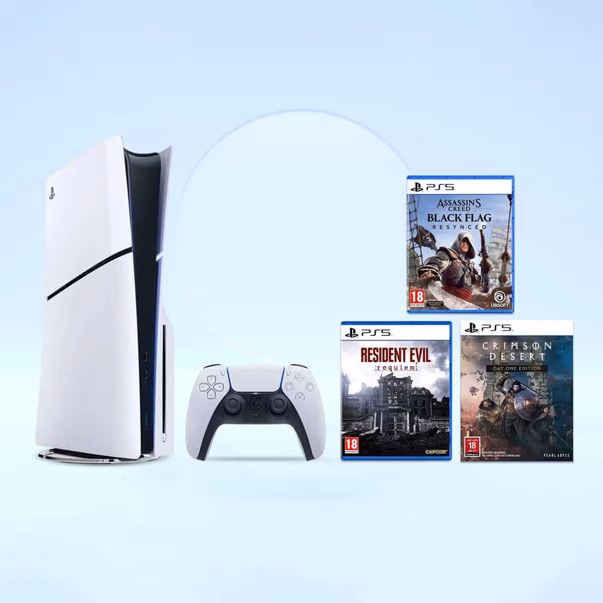 Sony PS5 Blu-Ray Disc 1TB Console with Assassin’s Creed Black Flag Resynced + Crimson Desert + Resident Evil Requiem Games Bundle