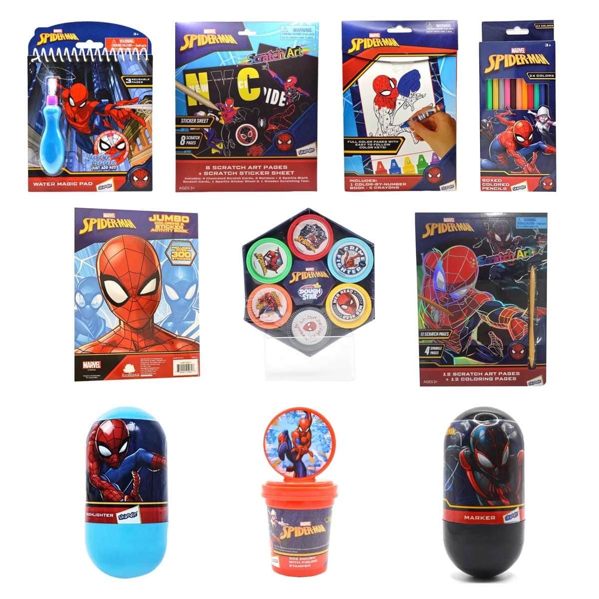 Spider-Man Dough Set + Magic Pad + Sticker + Highlighter + Marker + Coloured Pencils + Activity Book + Drawing & Art Kit Bundle