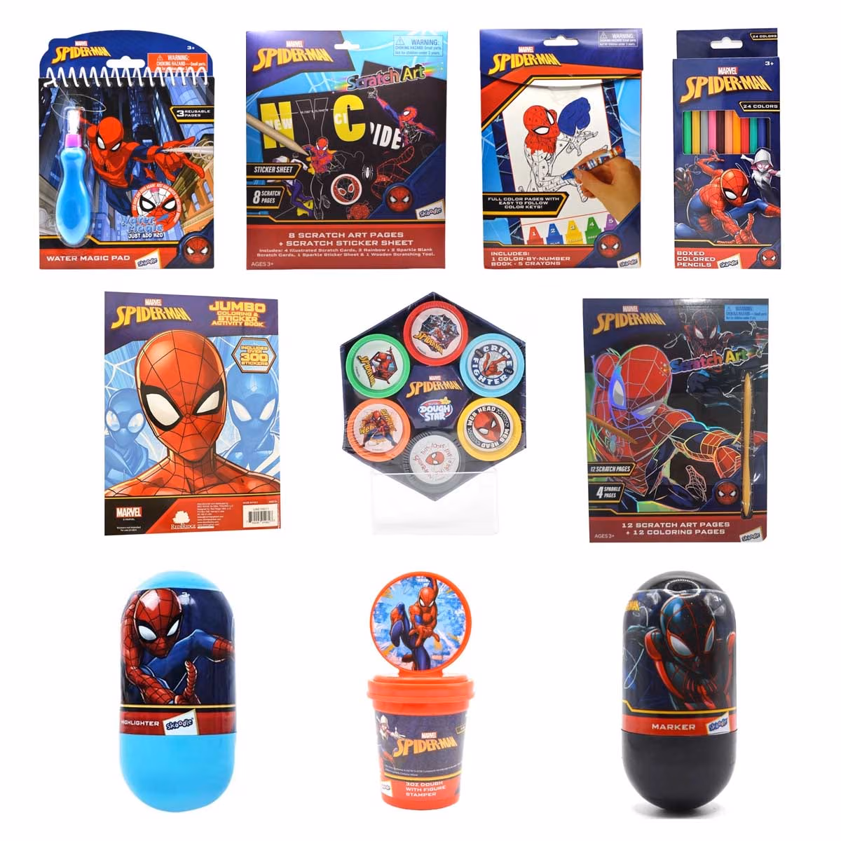 Spider-Man Dough Set + Magic Pad + Sticker + Highlighter + Marker + Coloured Pencils + Activity Book + Drawing & Art Kit Bundle