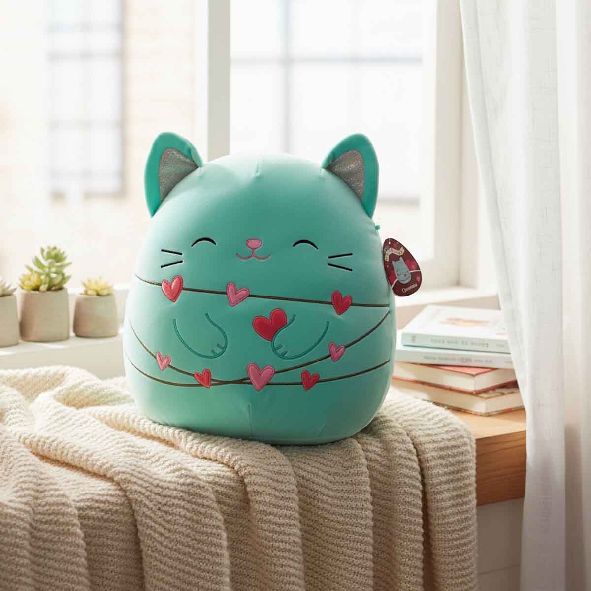 Squishmallows 16″ Charisma - Mint Cat with Closed Eyes and Heart String Lights Large Plush Toy Unisex, 3-4 Years