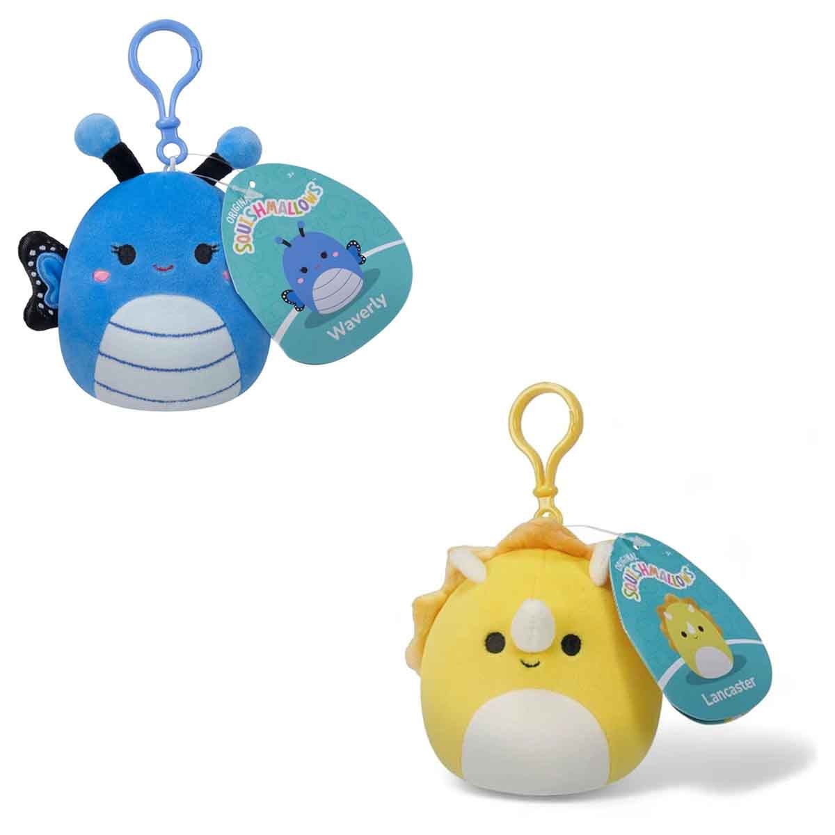 Squishmallows 3.5" Waverly Blue Butterfly & 3.5″ Lancaster the Yellow Triceratops Clip-On Plush Toy Bundle Unisex, 3-4 Years