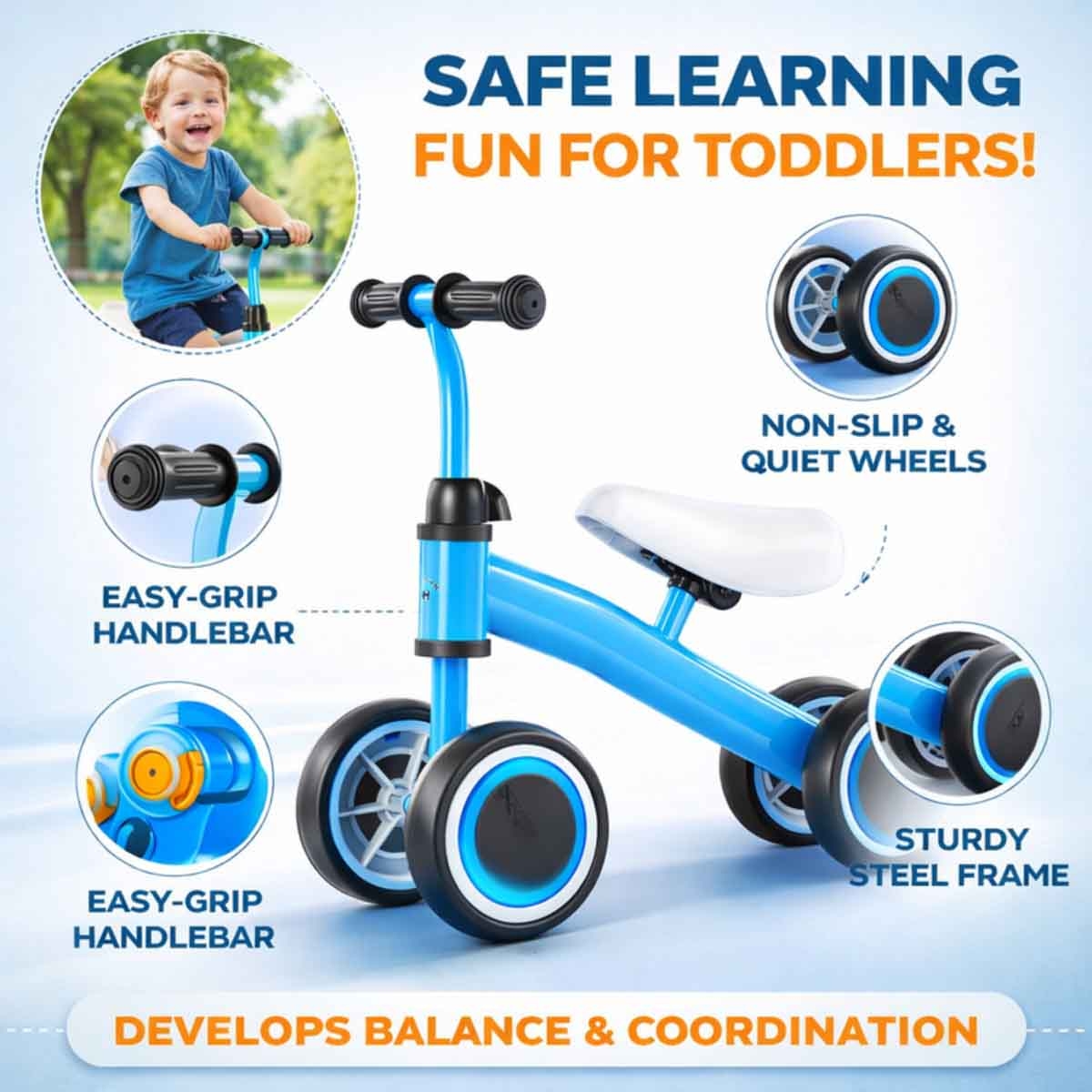 ستارمارز دراجة توازن ركوب يدوية للأطفال 4 عجلات للأطفال للجنسين، 3-4 سنوات