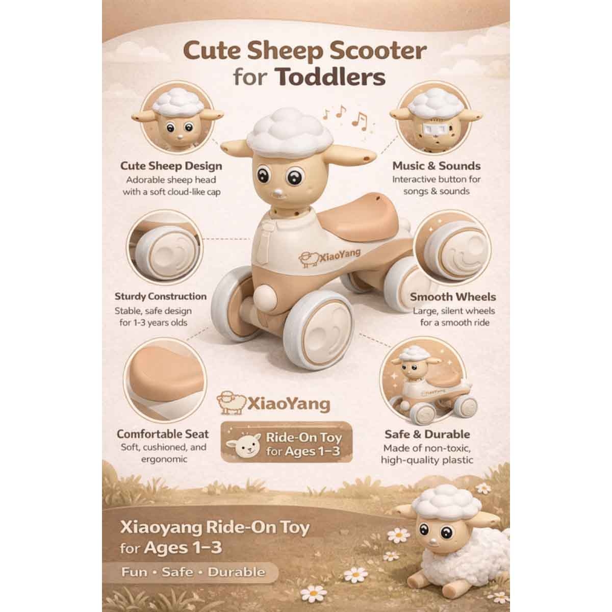 ستارمارز سيارة ركوب يدوية بتصميم خروف موسيقي باللون للأطفال للجنسين، 3-4 سنوات