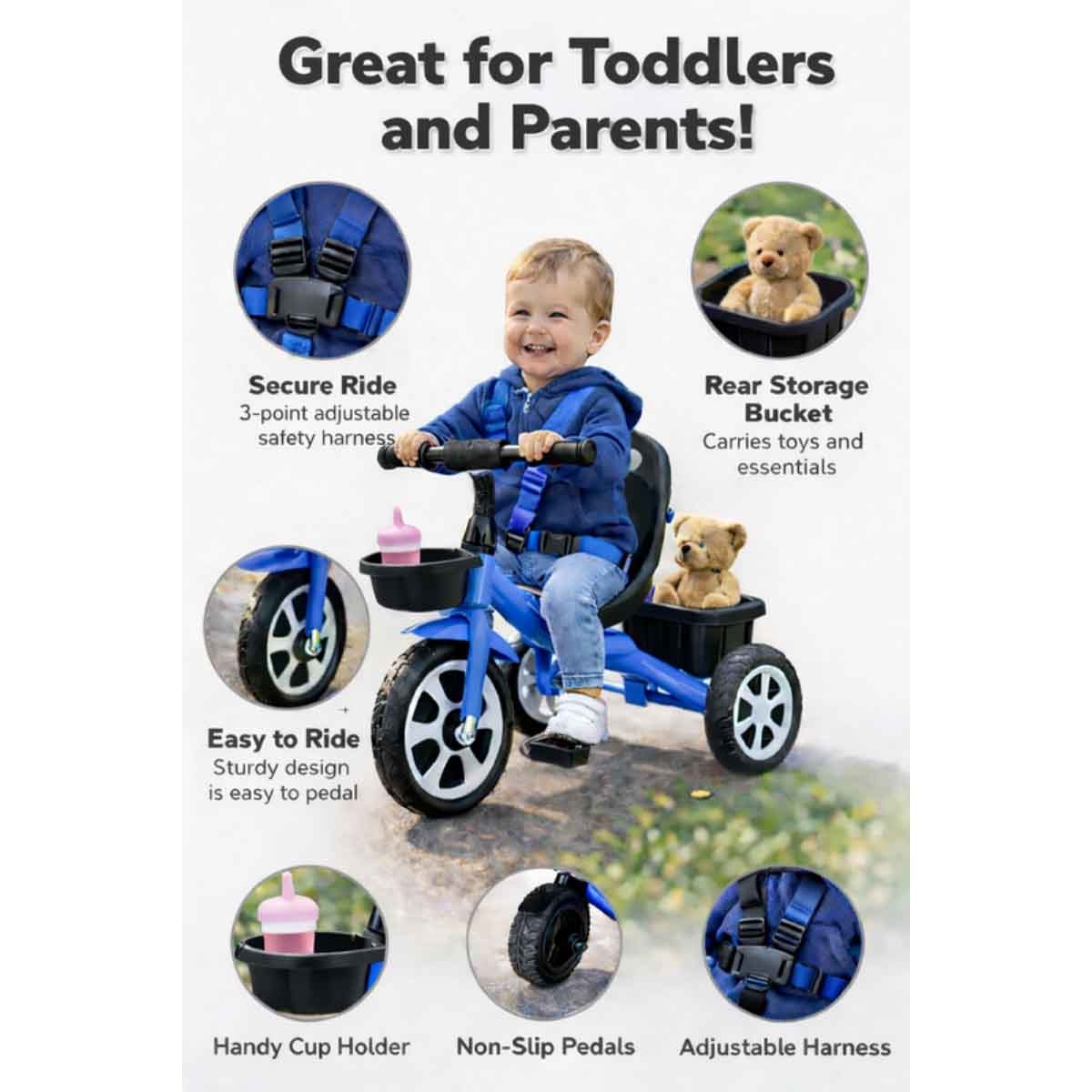 StarMarz Blue Kids 3-Wheel Manual Ride-On Tricycle Unisex, 3-4 Years
