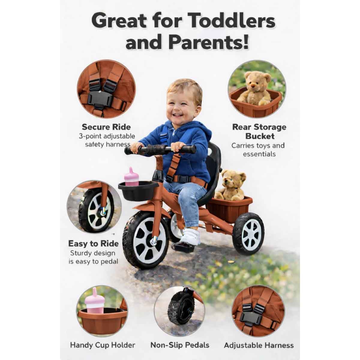 StarMarz Brown Kids 3-Wheel Manual Ride-On Tricycle Unisex, 3-4 Years