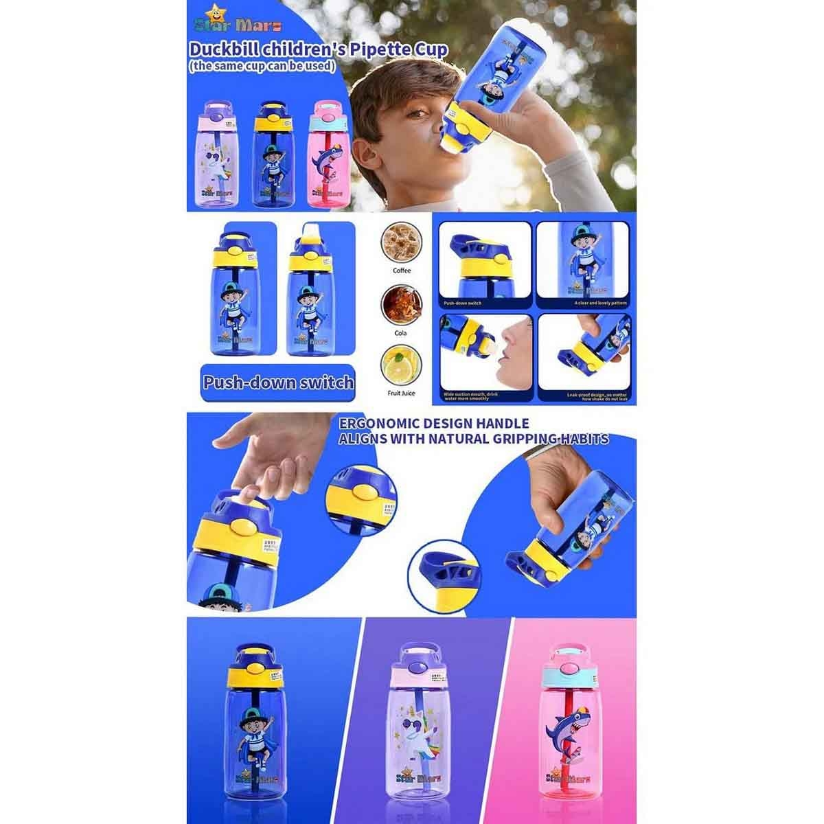 ستارمارز زجاجة مياه للأطفال بسعة 480 مل باللون الوردي مع غطاء شرب للبنات من عمر 3-4 سنوات