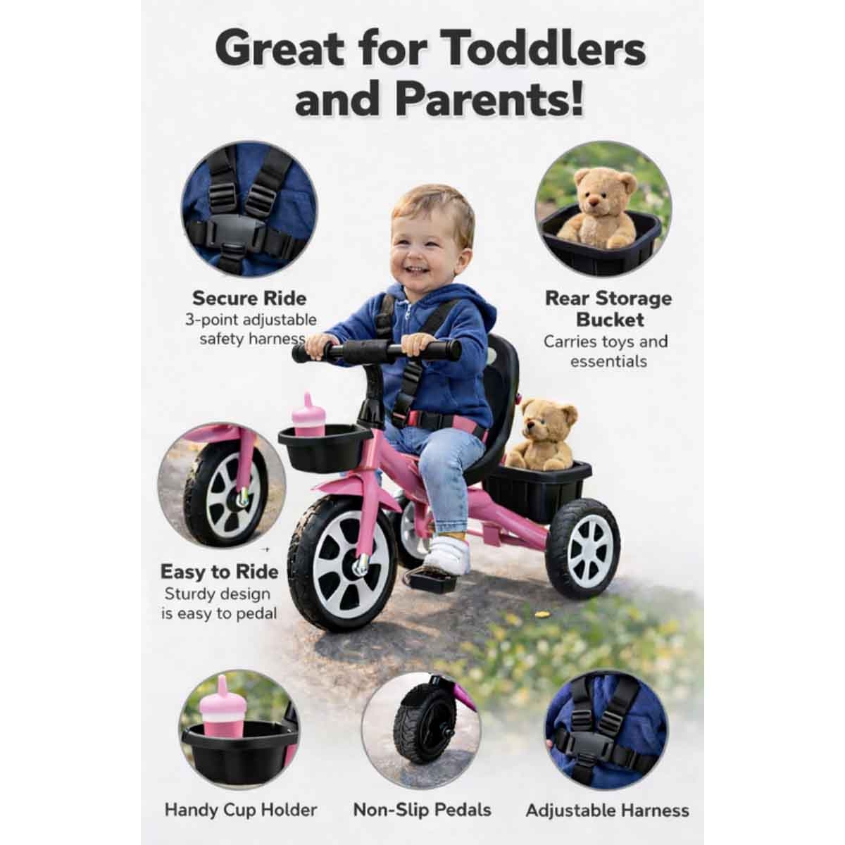 StarMarz Pink Kids 3-Wheel Manual Ride-On Tricycle Unisex, 3-4 Years