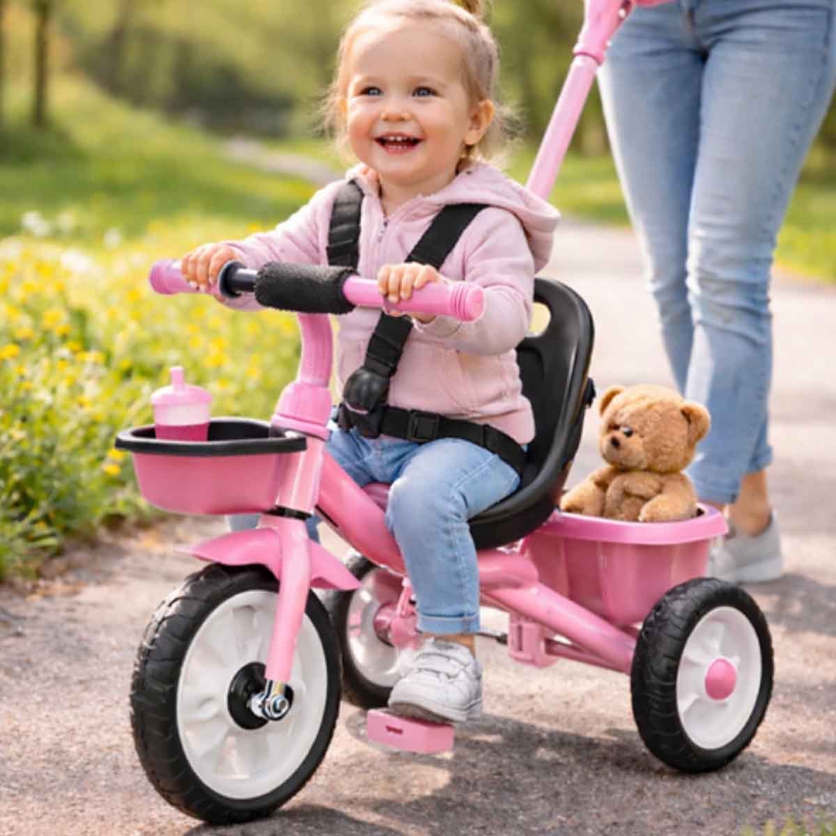 ستارمارز دراجة ثلاثية العجلات للأطفال باللون الوردي للركوب اليدوي مع مقبض دفع للأطفال للجنسين، 3-4 سنوات