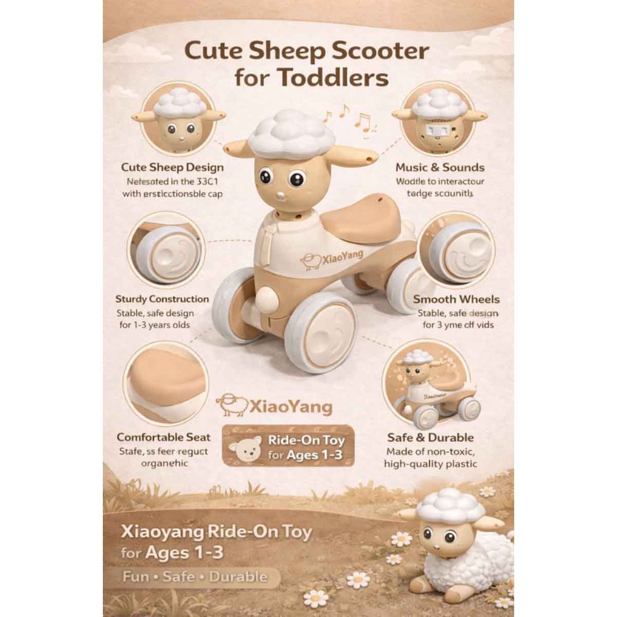 StarMarz Pink Musical Sheep Manual Ride-On Car Unisex, 3-4 Years