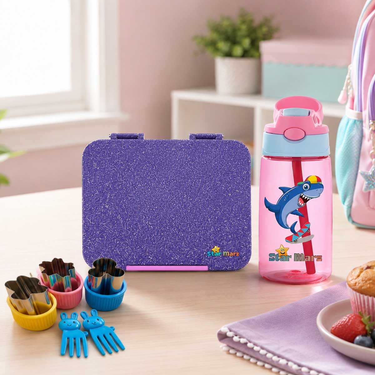 Starmarz Unicorn Purple Bento Glitter Lunch Box with Shark Plastic Water Bottle