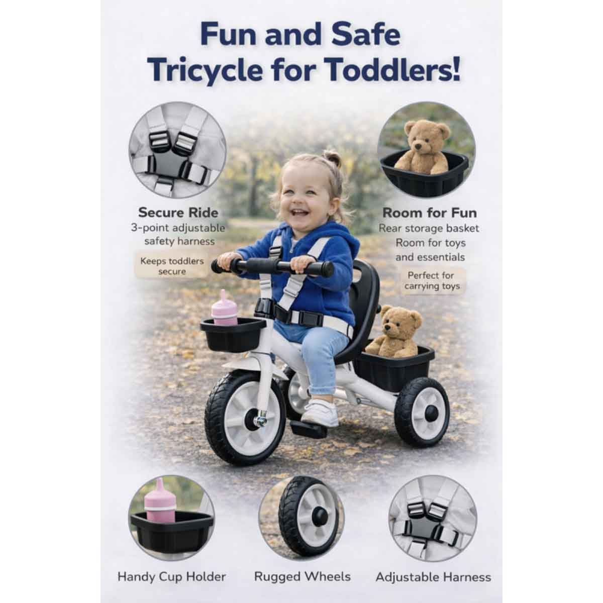 StarMarz White 3-Wheel Manual Ride-On Toy Tricycle Unisex, 3-4 Years