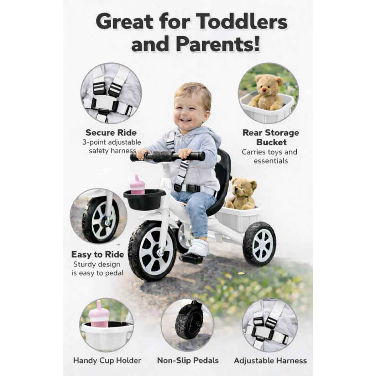 StarMarz White Kids 3-Wheel Manual Ride-On Tricycle Unisex, 3-4 Years