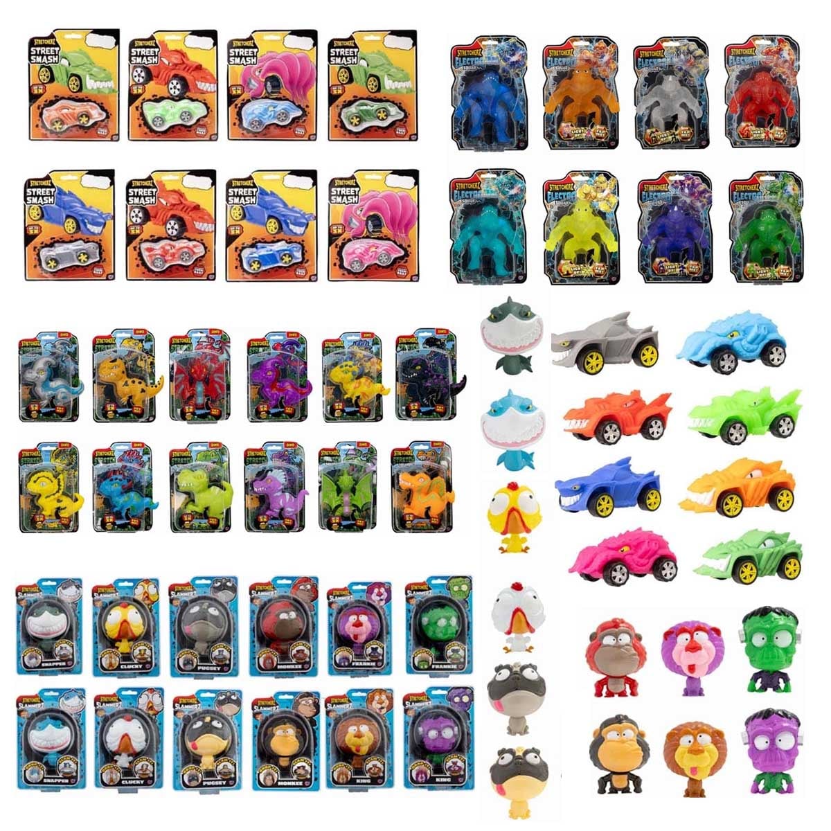 Stretcherz Street Assorted Smash Car & Electro-Stretch + Squad Dinos + Slammerz Action Figure Bundle