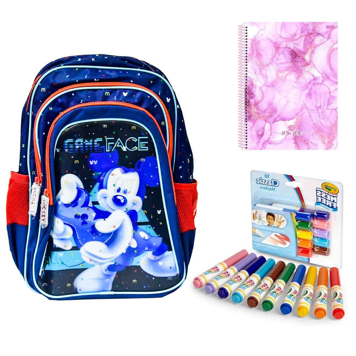 Sunce BTS Mickey Backpack with SD Inovacoes Grafica Notebook & Crayola Mini Markers Combo Pack