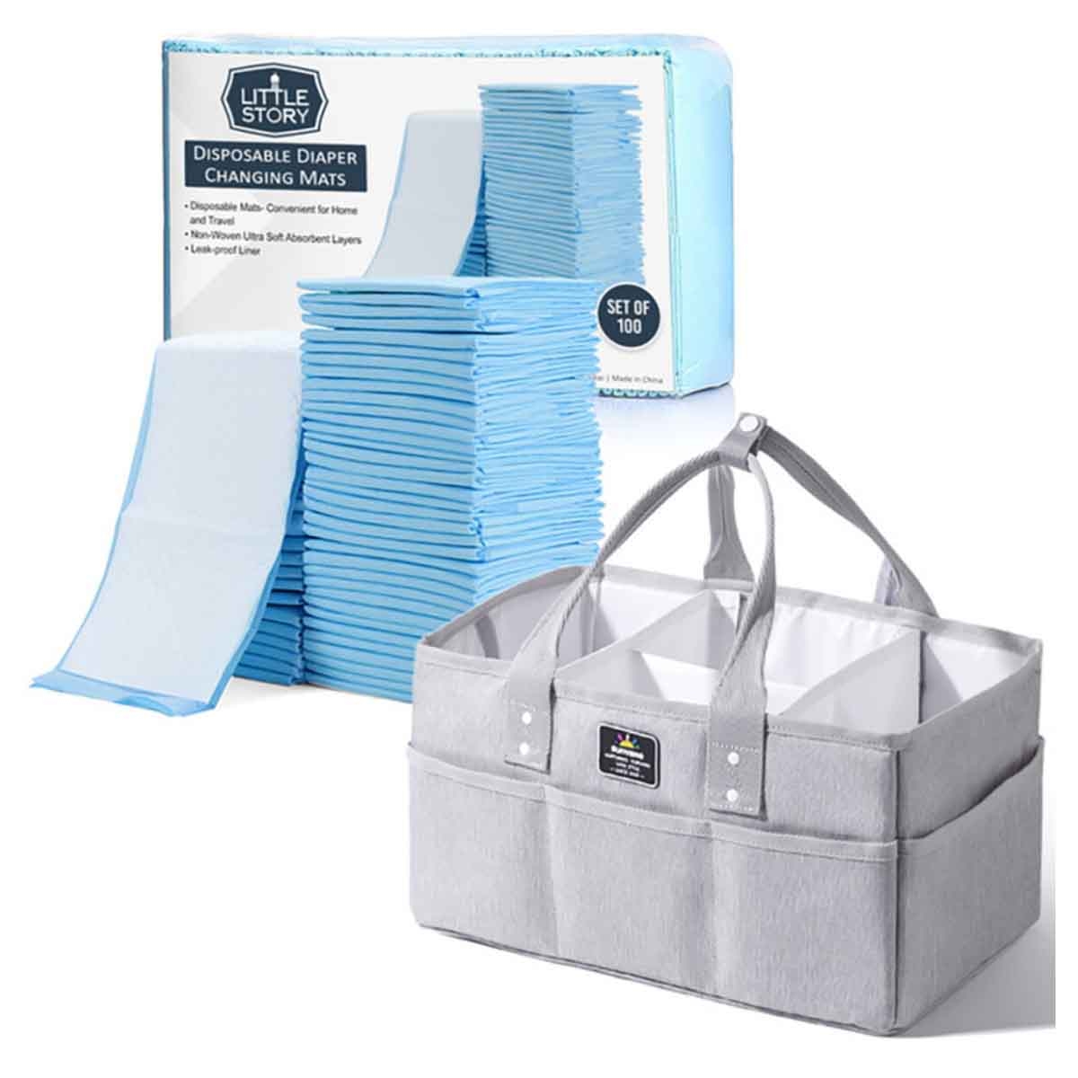 Sunveno Grey Diaper Caddy with 100-Piece Changing Mats