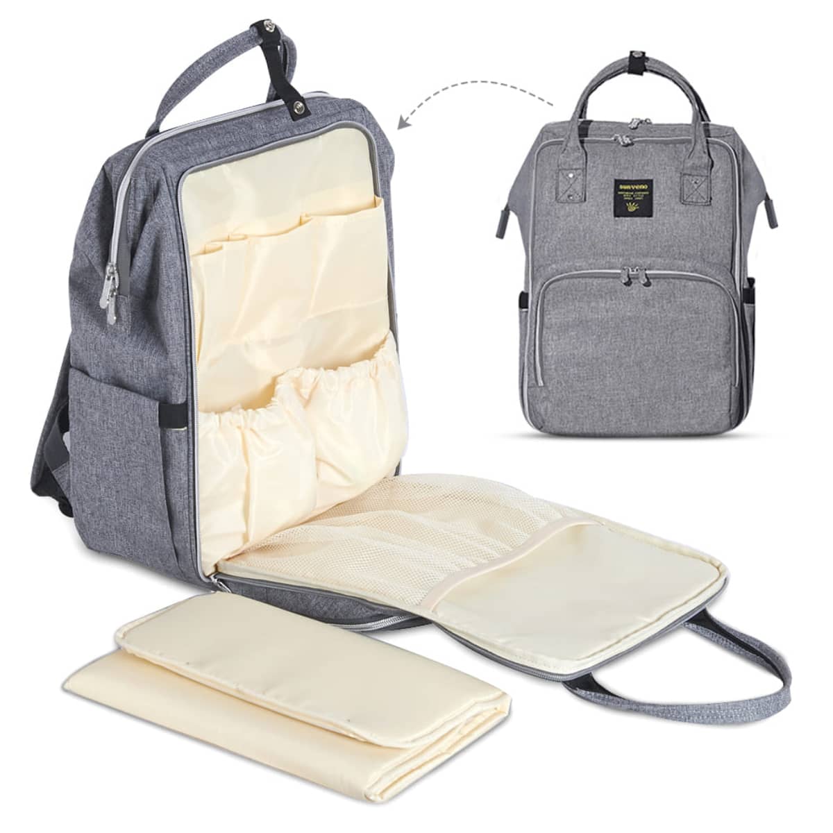 Sunveno Grey Xl Stylish Diaper Travel Backpack with Stroller Straps & Changing Pad Unisex