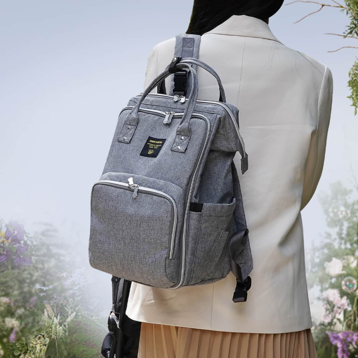 Sunveno Grey Xl Stylish Diaper Travel Backpack with Stroller Straps & Changing Pad Unisex