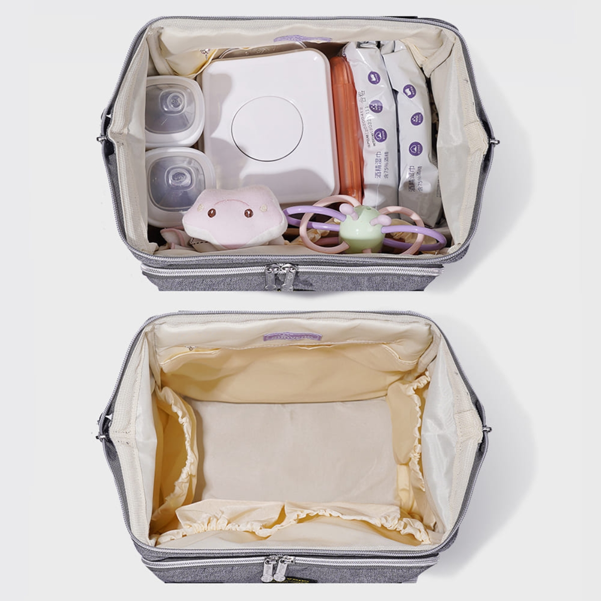 صنفينو حقيبة حفاضات سفر أنيقة XL باللون الرمادي مع أحزمة عربة ووسادة تغيير للجنسين