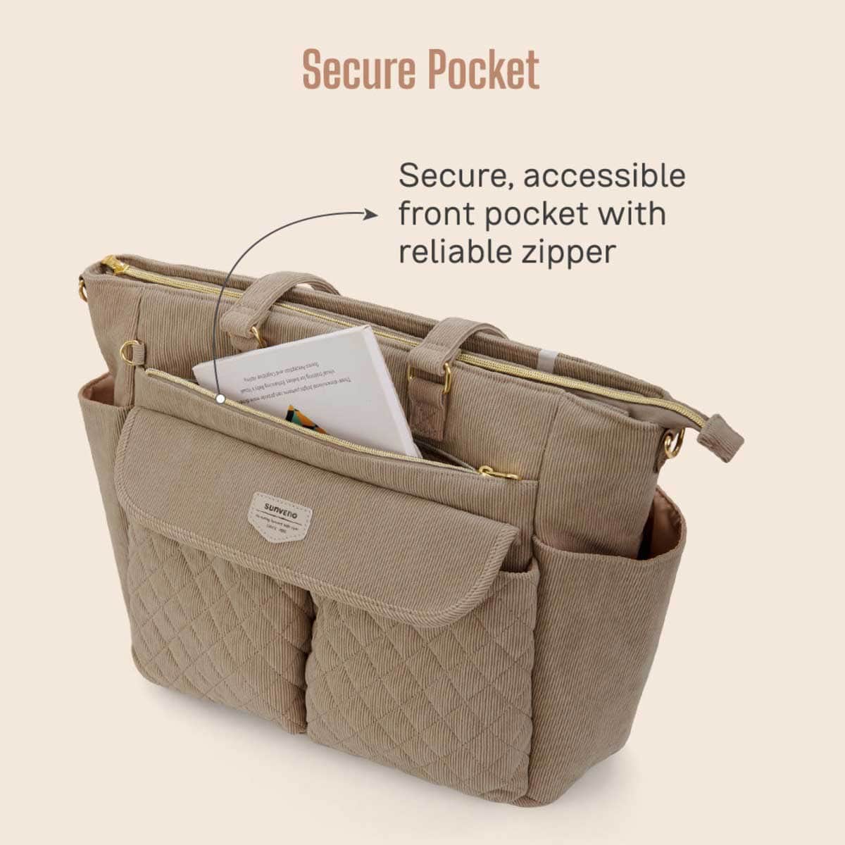 Sunveno Khaki Diaper Bag with Changing Mat & Stroller Straps