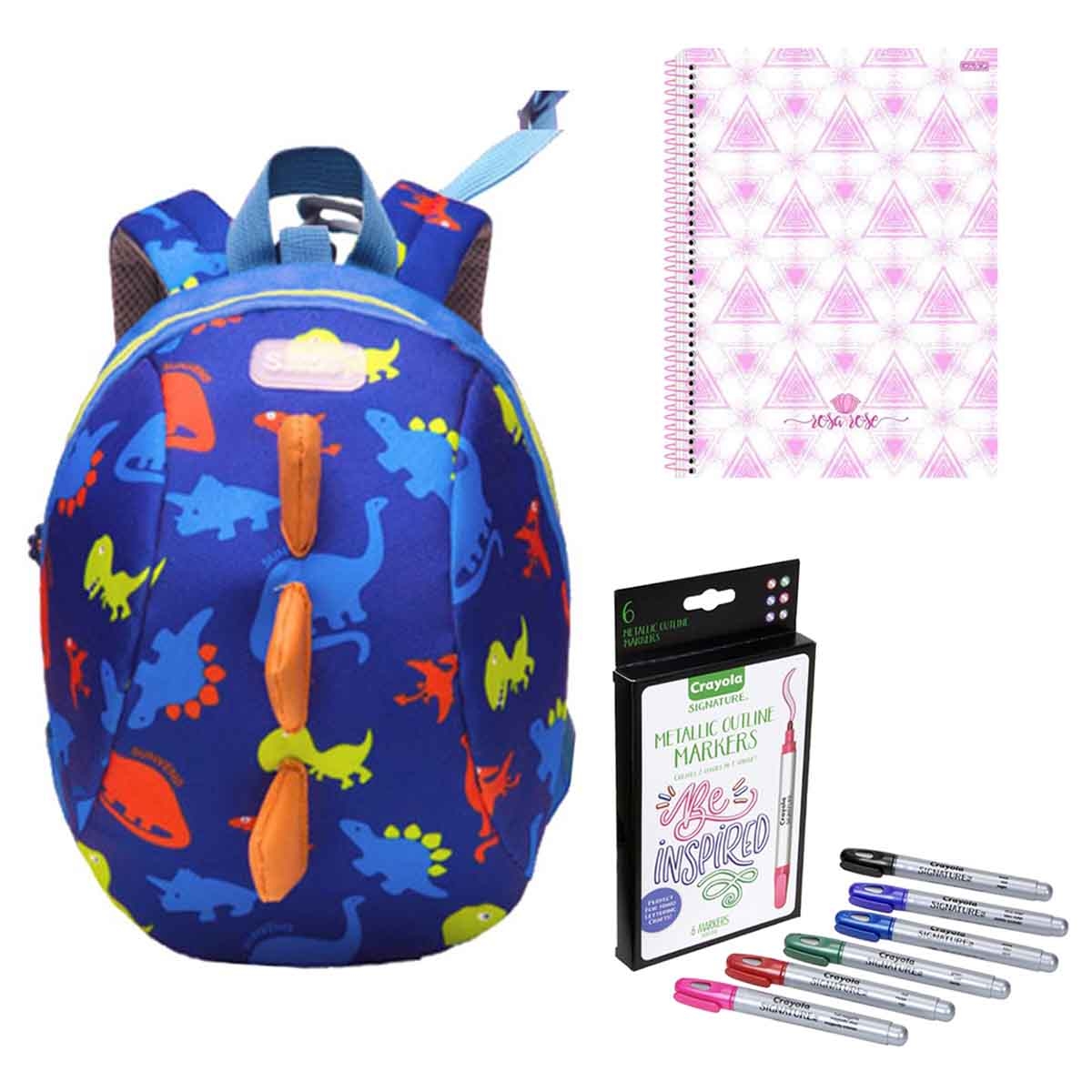 Sunveno Large Dinosaur Kids Backpack with SD Inovacoes Grafica Notebook & Crayola Markers Combo Pack