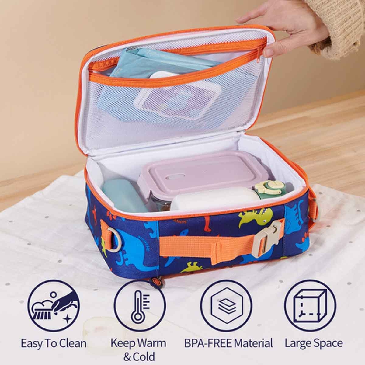 Sunveno Dino Blue Lunch Bag with Shoulder Strap