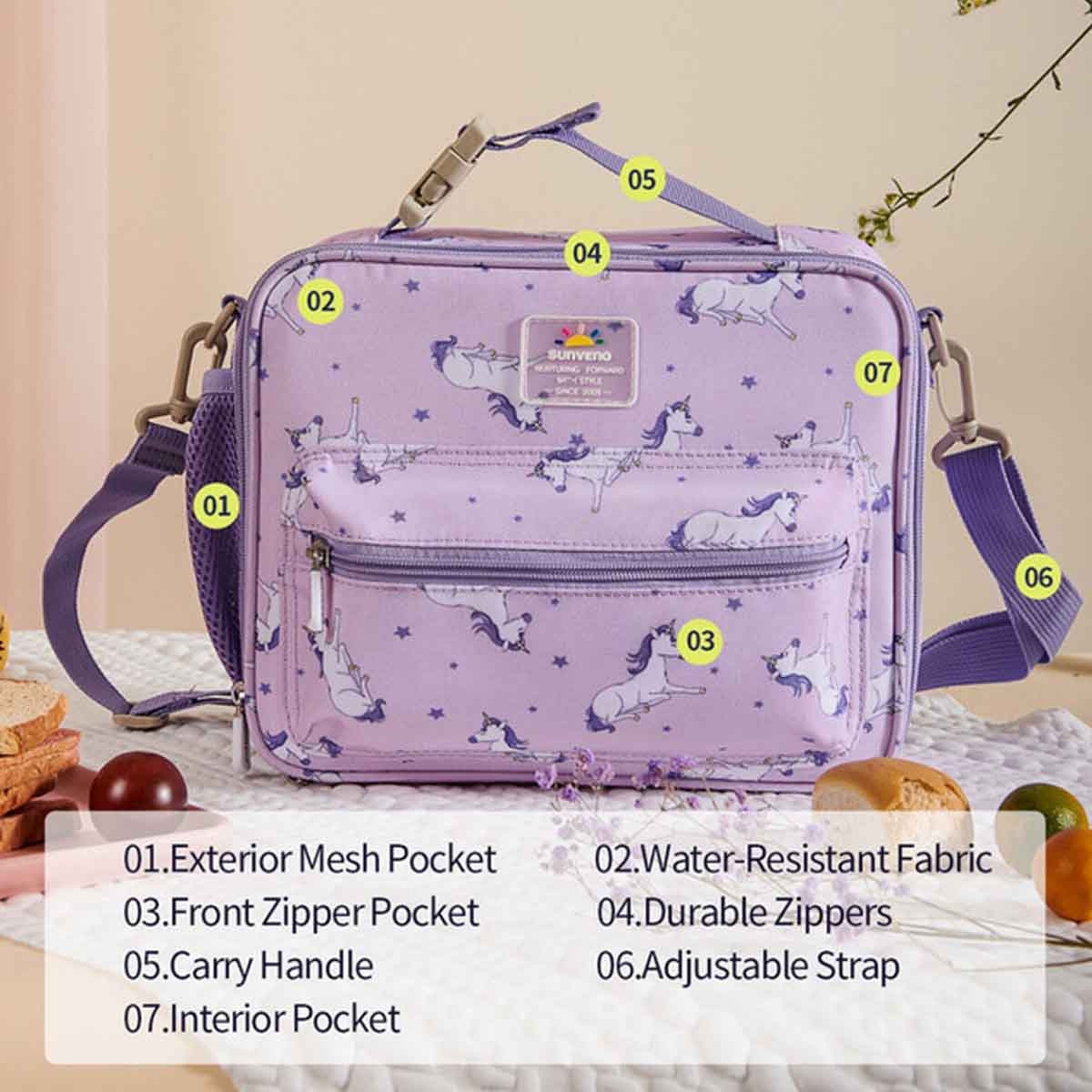 Sunveno Unicorn Purple Lunch Bag with Shoulder Strap